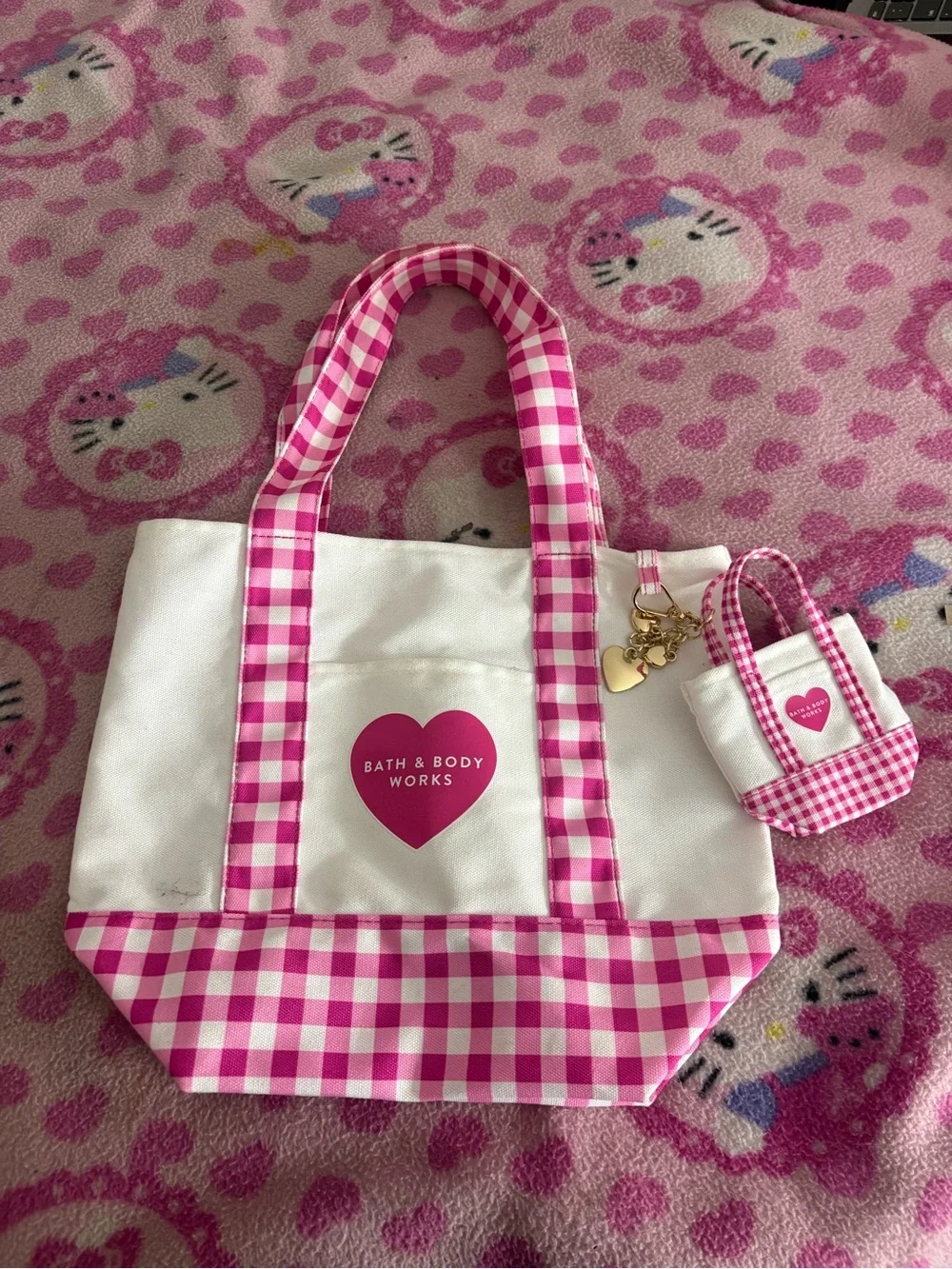Bath & Body Works White & Pink Gingham Kids Tote with Heart Logo